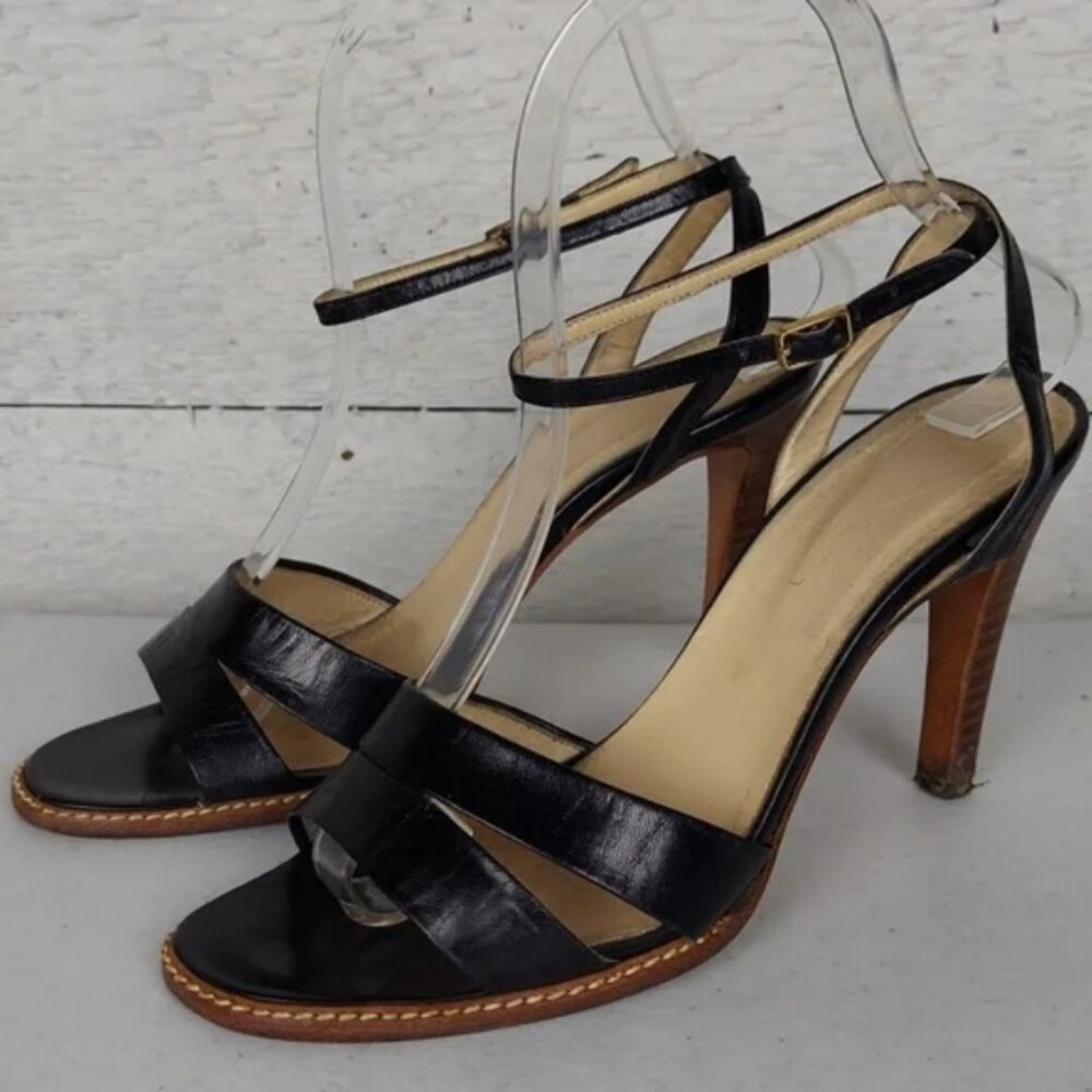 Black Leather Ankle Wrap Open Toe Sandal Size 6.5M 3.5" Heel